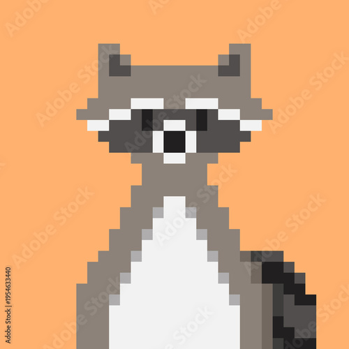 Pixel art illustration of a cute raccoon with a striped tail, sitting and facing forward. Ideal for themes of wildlife, forest animals, character design, and 8-bit game aesthetics. 