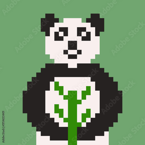 Adorable panda character with bamboo, in pixel art style. Black and white bear with a simple, cute design. Perfect for themes of wildlife, animals, nature, conservation, kids design
