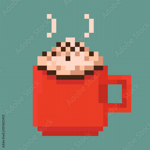 A pixelated icon of a cappuccino cup with foam in a retro 8-bit style. A pixelated hot drink with steam. Perfect for apps, games, user interfaces, cafes, and digital design projects. Vector graphics.