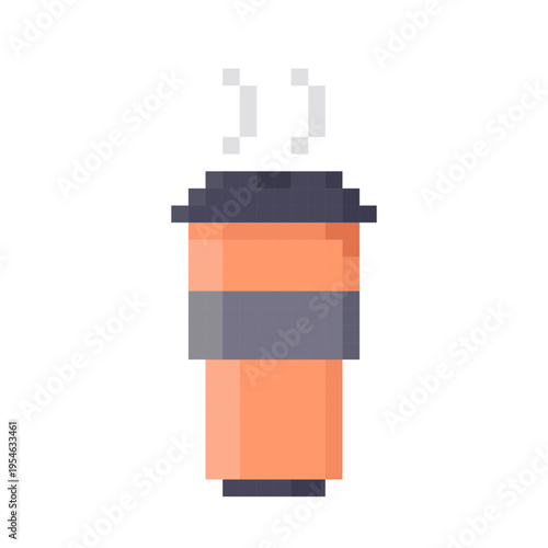Pixel art illustration of a takeaway coffee cup with lid, emitting steam. Ideal for themes of hot drinks, coffee culture, cafes, morning routine, and retro game-style graphics. Vector