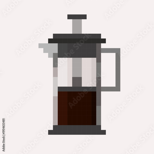 Pixel art illustration of French press coffee maker filled with freshly brewed coffee. Vector illustration in minimal, retro 8-bit style. Ideal for coffee-related designs, cafe branding, menus, apps