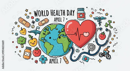 World health day illustration with globe heart and healthy lifestyle icons on light background