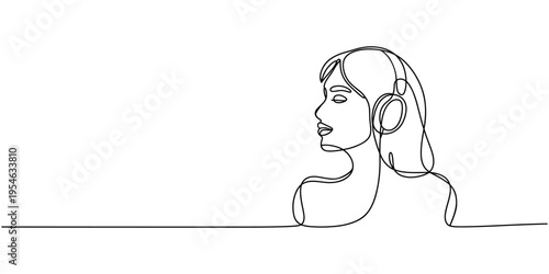 Continuous one line drawing of Young woman listens to music. DJ girl with earphones. Lifestyle teeanager clipart. Spending free time, rest. Leisure activity.