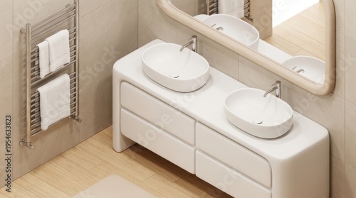 Modern Minimalist Bathroom Interior Design Featuring Dual Sinks and Elegant Mirror in Neutral Tones