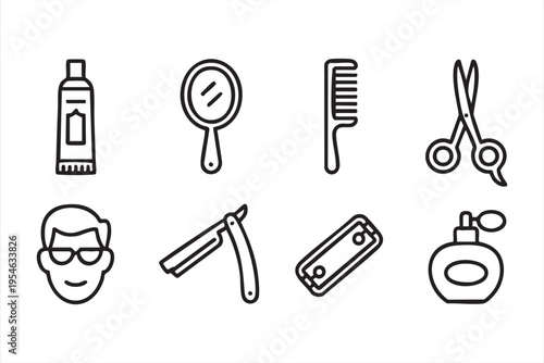 Barber and hair salon tool icons with scissors comb razor mirror and grooming accessories in clean outline style