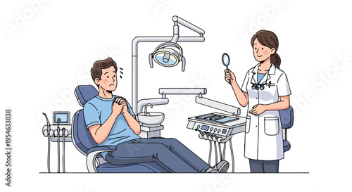 A cartoon illustration of a male patient sitting in a dentist's chair with a worried expression while a female dentist stands beside him holding a dental mirror in a clinical setting.