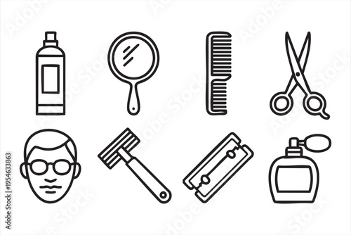Professional barber tool collection with clipper razor scissors and perfume bottle in minimal black outline