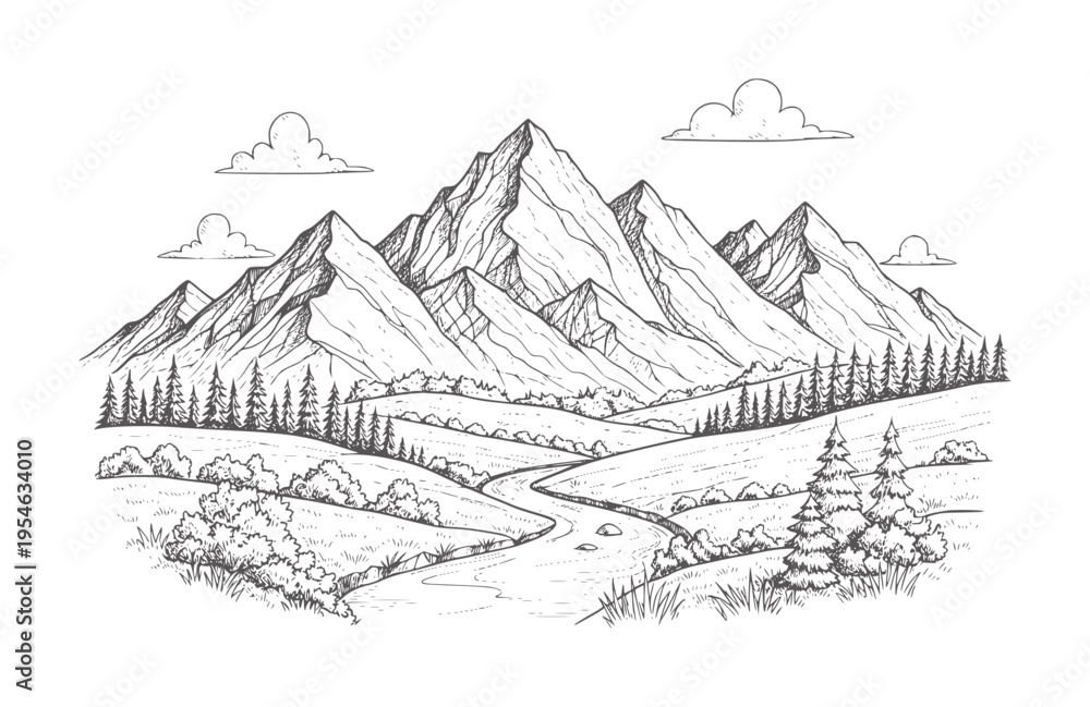 Fototapeta premium Hand drawn mountain landscape with winding river and pine trees