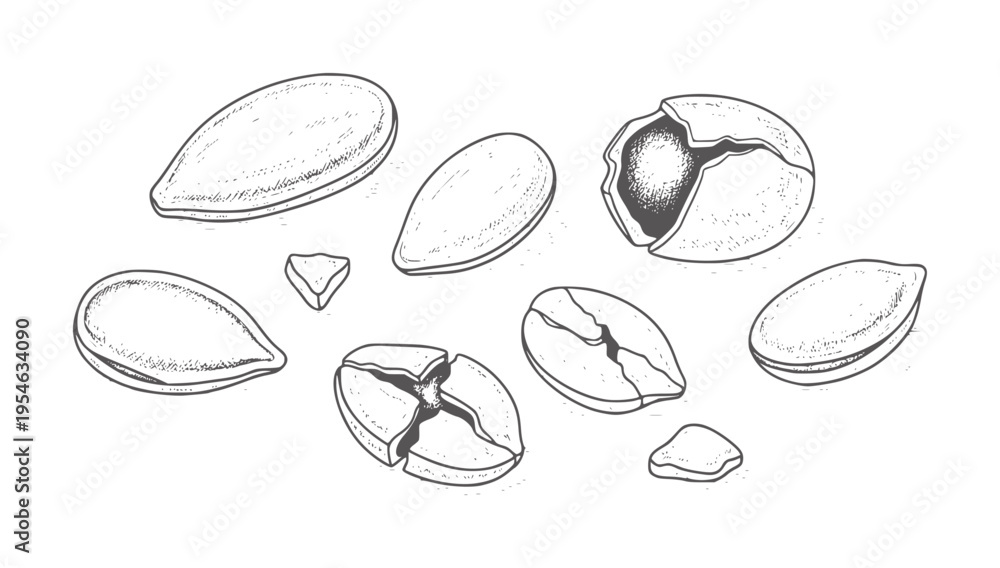 Fototapeta premium Hand drawn of cracked and whole almonds white nuts food