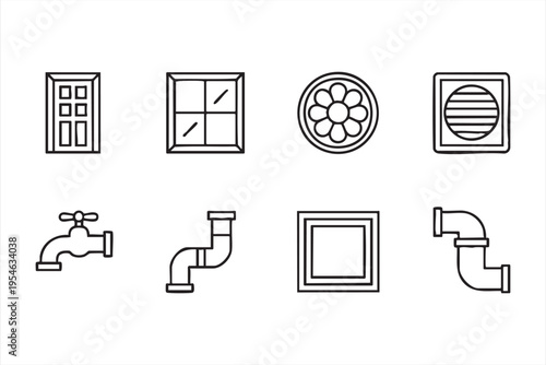 Water supply and airflow system line art set featuring pipe connections and ventilation elements for technical graphics