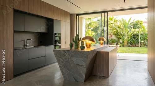 Modern Minimalist Kitchen Interior with Stone Island and Large Windows Overlooking Lush Garden