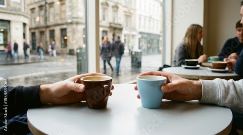 Couple of Friends Holding Coffee Cups While Sitting in a Cozy Cafe during Rainy Day