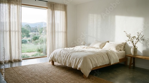 Minimalist Bedroom with Natural Light and Mountain View Through Large Window in a Serene Setting