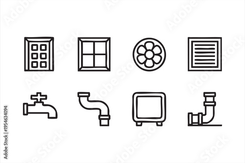 HVAC and plumbing illustration set with airflow duct pipe and faucet for engineering and maintenance concepts