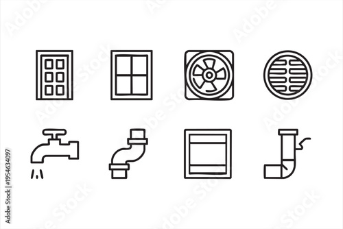 Home repair and utility icon pack with plumbing tools vent grille and drainage system for construction visuals