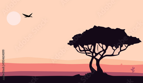 African Savannah Sunset Silhouette Vector Illustration