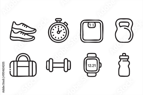 Workout and training line art icons featuring sneaker stopwatch scale and gym gear for health and fitness design