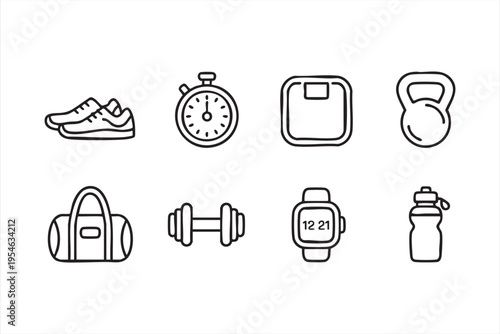 Sports and fitness equipment illustration set with strength training and cardio elements for active lifestyle visuals