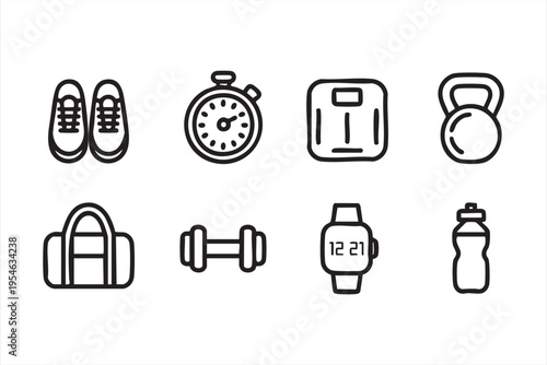 Gym workout icon pack with dumbbell kettlebell and fitness tracker for training, exercise, and wellness concepts