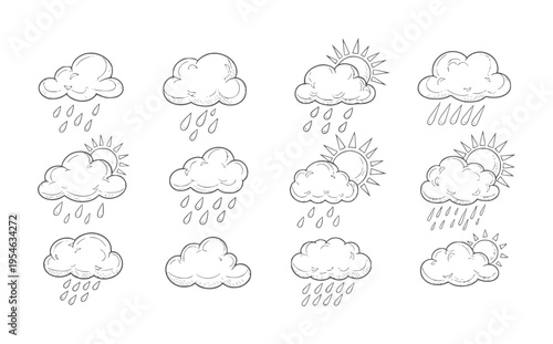 Hand drawn weather showing rain and sun clouds doodle