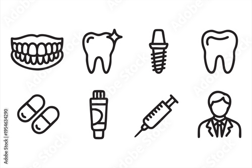 Oral hygiene and healthcare line art icons featuring teeth cleaning treatment and medical tools for clinic visuals