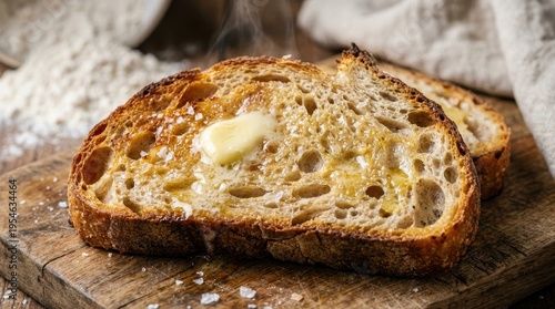 Freshly Toasted Bread Slice with Melting Butter and Drizzled Honey on Rustic Wooden Table