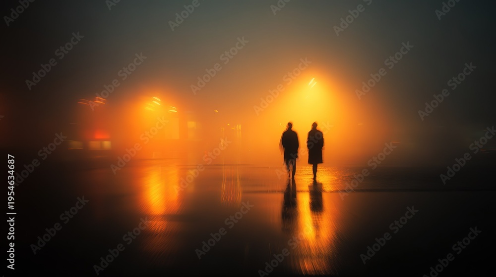 Fototapeta premium Blurred orange yellow light shadow, soft focus film grain texture, ultra-wide angle two people, dreamy mysterious ethereal atmosphere backdrop