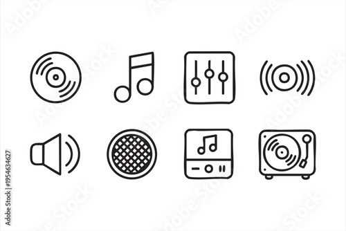 Audio and music icon set with vinyl record equalizer speaker and soundwave in clean outline style for media design