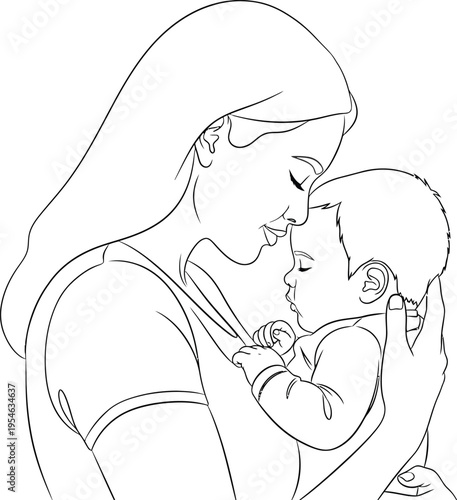 Mother, baby, loving embrace, line art, vector illustration, black and white