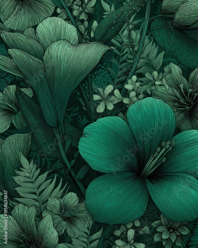 A luxurious green vector background with tropical floral line art and elegant botanical detailing, rich in tone and refined in composition.