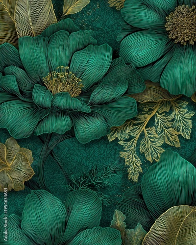 A luxurious green vector background with tropical floral line art and elegant botanical detailing, rich in tone and refined in composition.