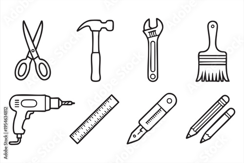 Construction and repair icon pack with hardware tools for carpentry, renovation, and engineering visuals