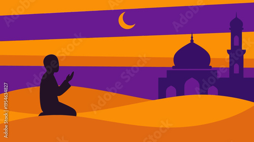 Silhouette of a person kneeling in prayer in a desert landscape with a mosque and crescent moon under a stylized purple and orange sky.