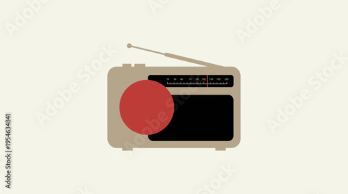 A minimalist illustration of a vintage portable radio with an extended antenna and a prominent red circle.