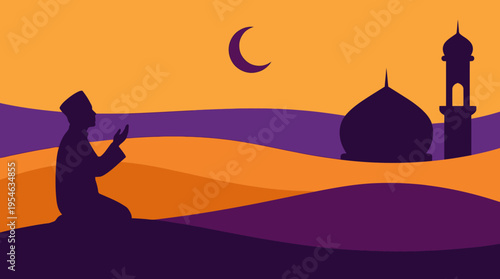 A stylized illustration showing a Muslim man praying in front of a mosque under a crescent moon at sunset, with layered desert landscape.
