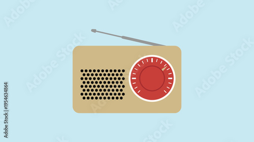 A minimalist illustration of a retro portable radio with a red dial and antenna on a light blue background.
