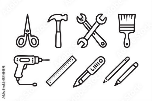 DIY repair and construction line art icons featuring toolkit essentials for maintenance and home improvement visuals