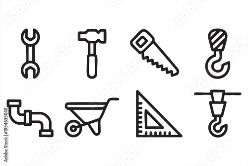 Construction tool illustration set with pipe hook ruler and wheelbarrow for building and maintenance concepts