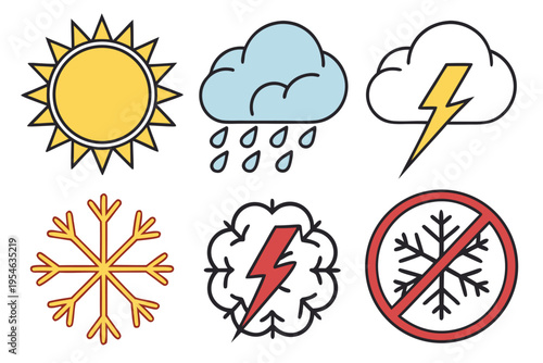 Weather Icons: A collection of various weather icons representing different atmospheric conditions. These include a bright sun, rain cloud, lightning bolt, snowflake, thundercloud, and a no-snow sign.