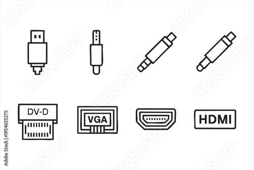 Technology cable and connector icon pack with USB HDMI and audio interfaces for device and system design