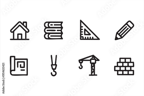 Building planning and engineering line art icons featuring drafting tools and construction elements for industry visuals