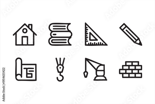 Construction and architecture illustration set with blueprint ruler and crane for project planning concepts