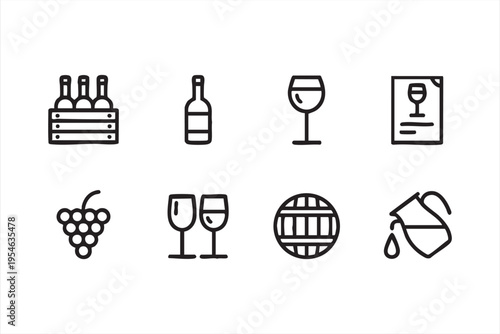 Winery and vineyard line art icons featuring wine bottle pouring glass and barrel for alcohol and tasting visuals