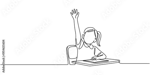 Continuous one line drawing. Happy girl sitting in a classroom raises her hand. Vector illustration. back to school concept. School girl raising hand and writing at a desk. first day at school