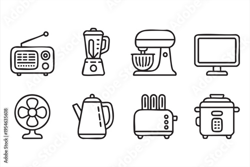 Household electronics and kitchen appliance line art icons featuring radio computer and cooking devices