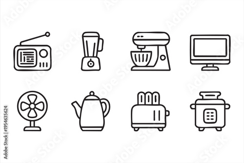 Home appliance illustration set with kitchen tools and electronic devices for domestic and modern living concepts
