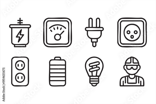 Electricity and power icon set with plug socket battery and light bulb in clean outline style for energy design
