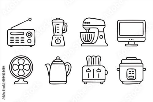 Kitchen and home electronics icon pack with blender toaster and rice cooker for household design