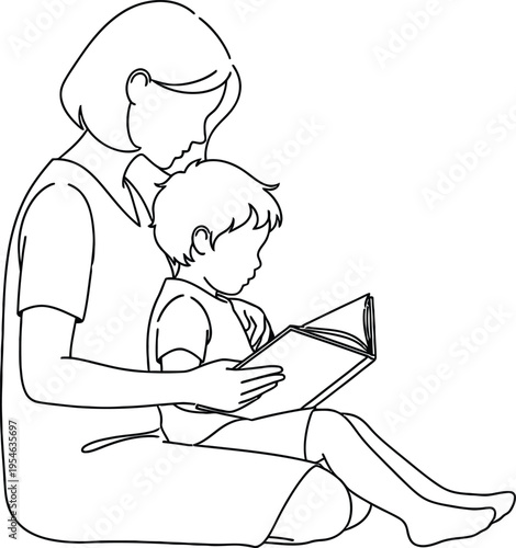 Minimalist continuous line drawing of mother reading book to child, mother and son bonding time vector, simple black and white family literacy art