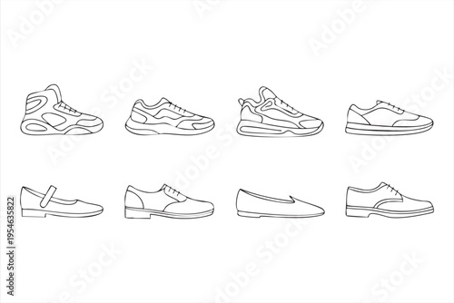 Fashion footwear illustration set with sneakers boots and loafers for apparel and lifestyle concepts